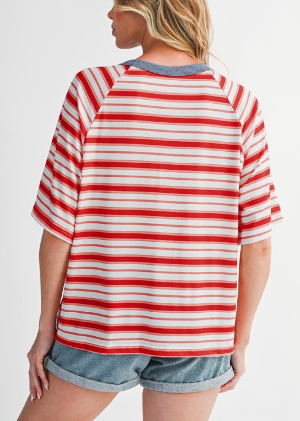 Red Striped Raglan Sleeve Contrast Neck T-Shirt EG fashion