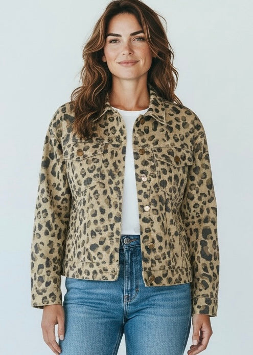 Leopard Denim Button Down Jacket Poet Street Boutique