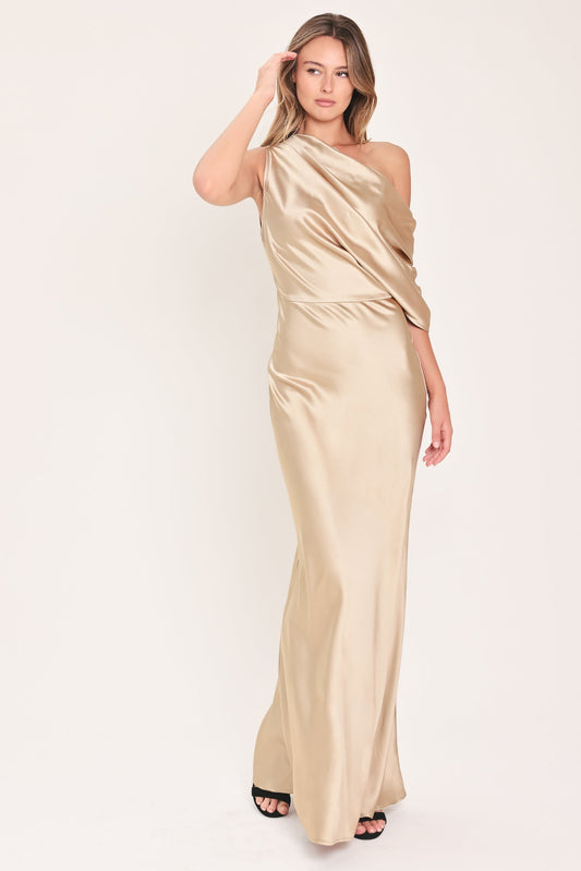 Gilded Drape Satin One  Shoulder Maxi Dress