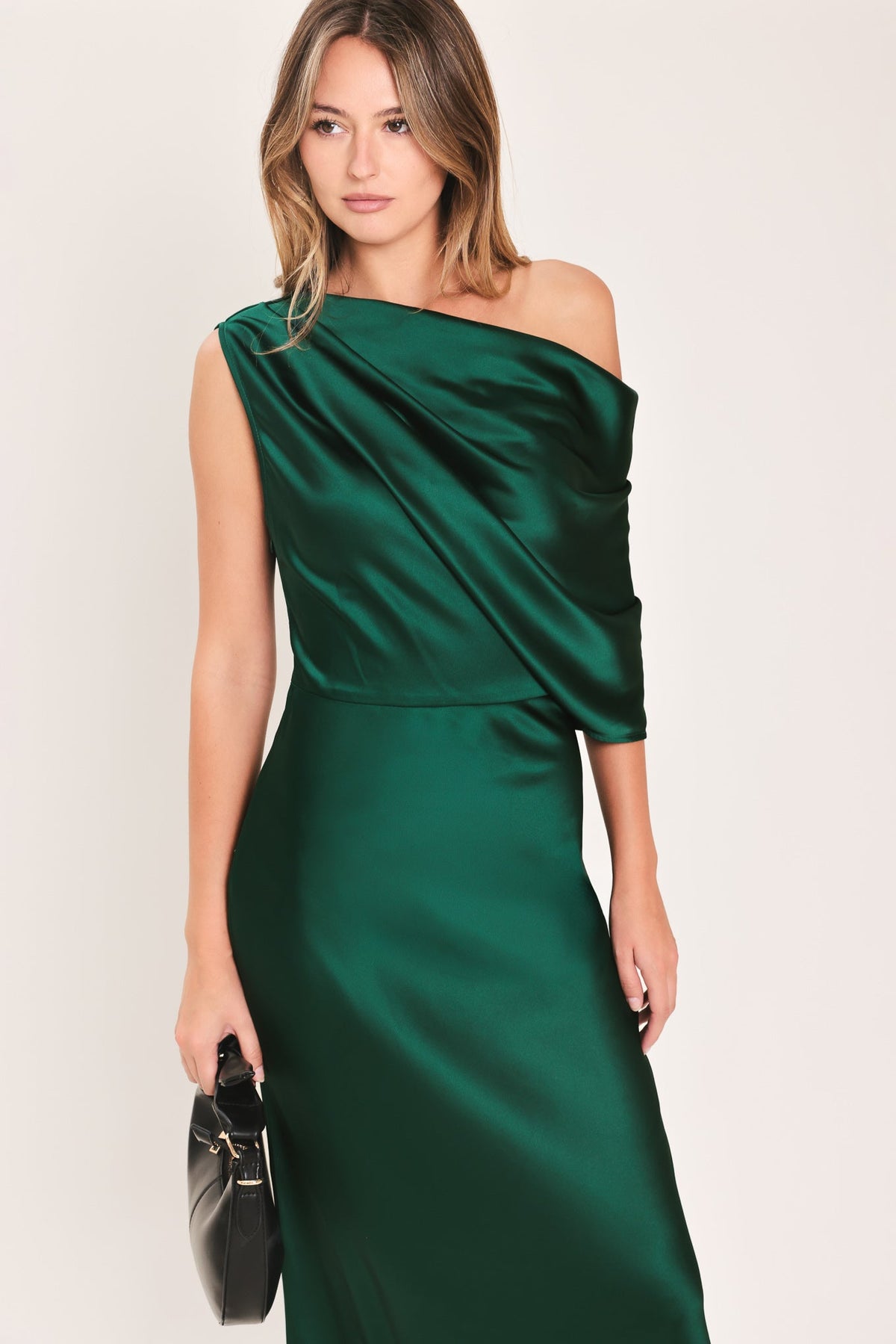 Gilded Drape Satin One  Shoulder Maxi Dress