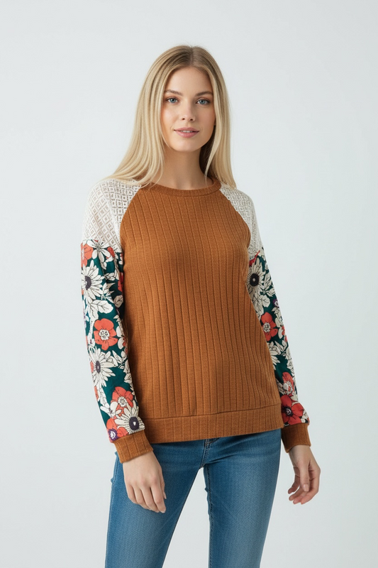 Floral Ribbed Patchwork Long Sleeve Blouse
