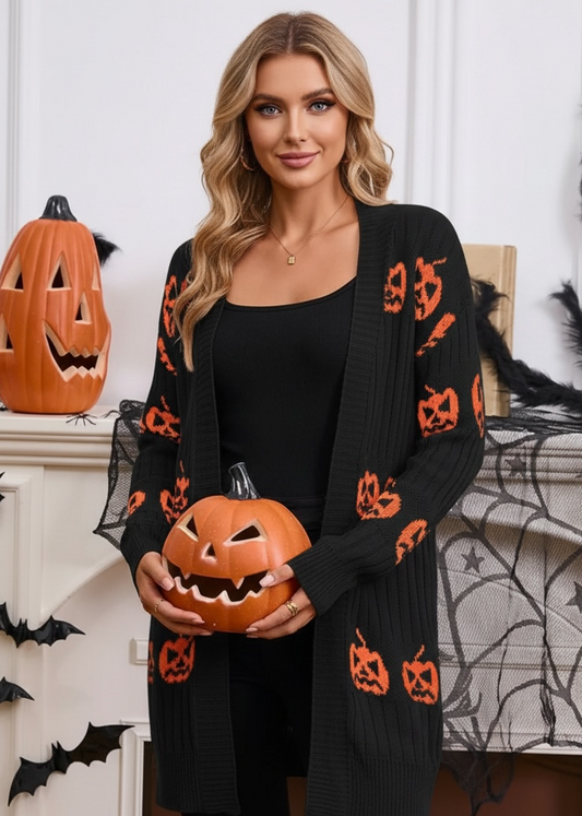 Halloween Pumpkin Open Front Knit Cardigan