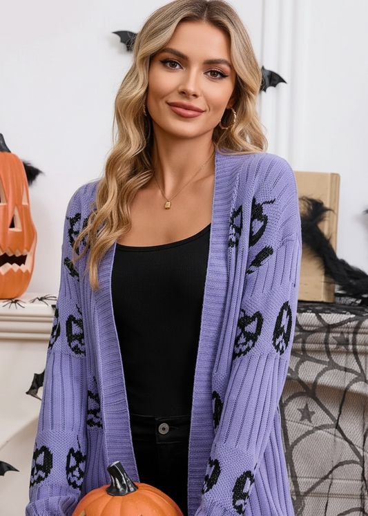 Halloween Pumpkin Open Front Knit Cardigan