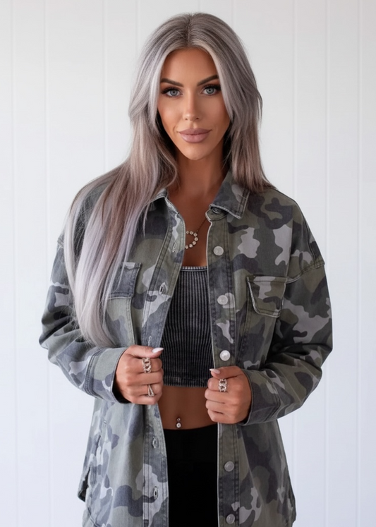 Camouflage Print Button Up Denim Jacket