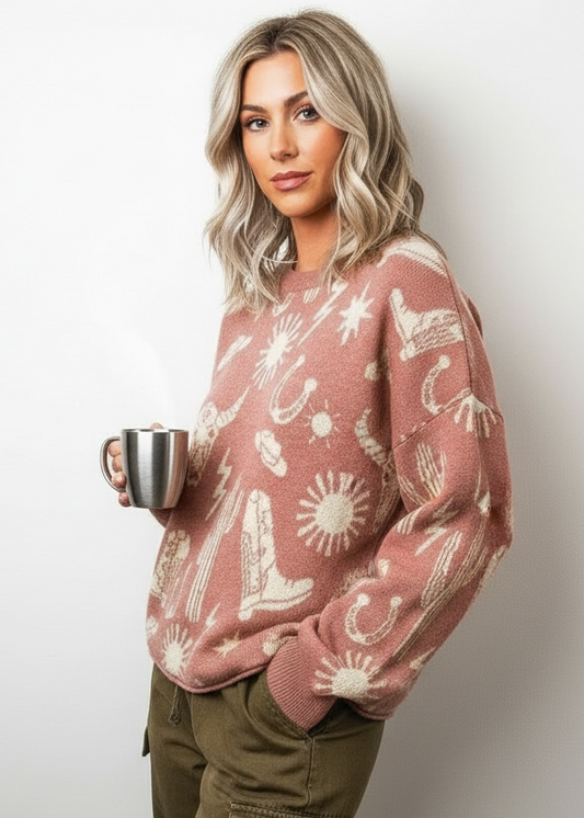 Western Graphic Round Neck Sweater