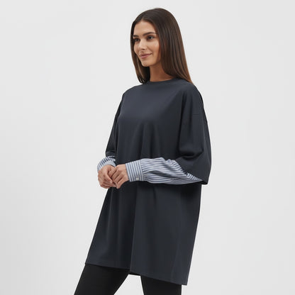 Navy Oversized Layered-Look T-Shirt with Striped Sleeves