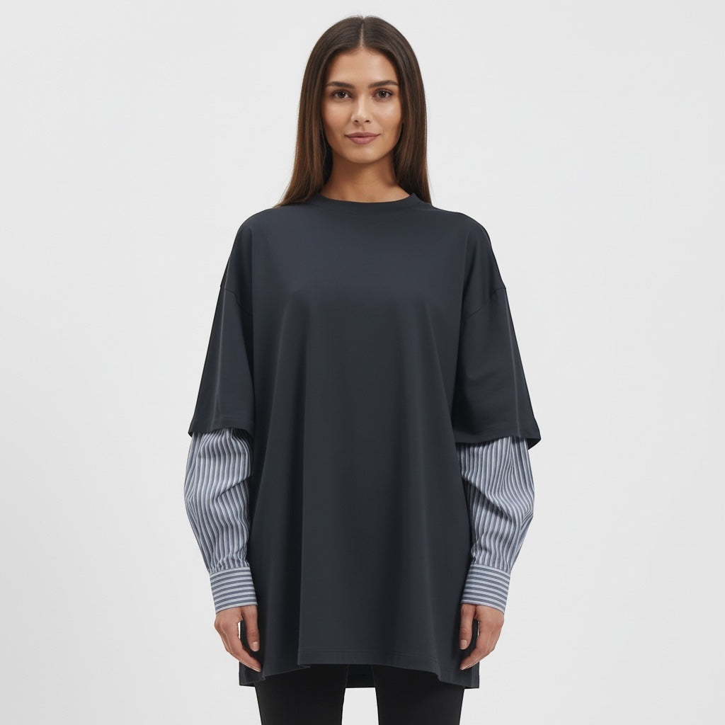 Navy Oversized Layered-Look T-Shirt with Striped Sleeves