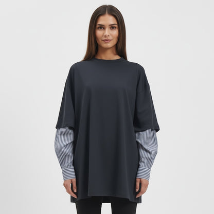 Navy Oversized Layered-Look T-Shirt with Striped Sleeves