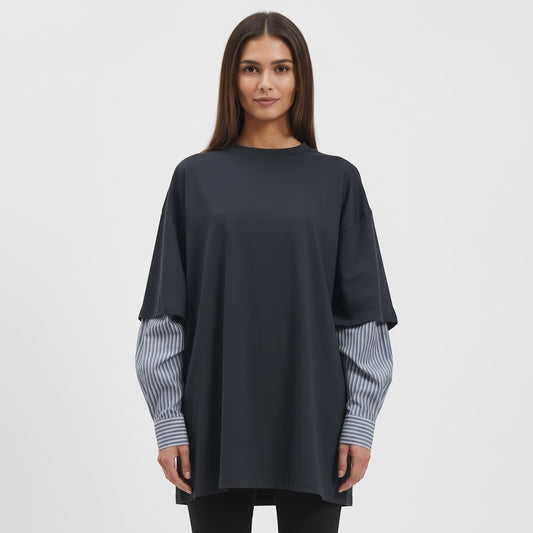 Navy Oversized Layered-Look T-Shirt with Striped Sleeves