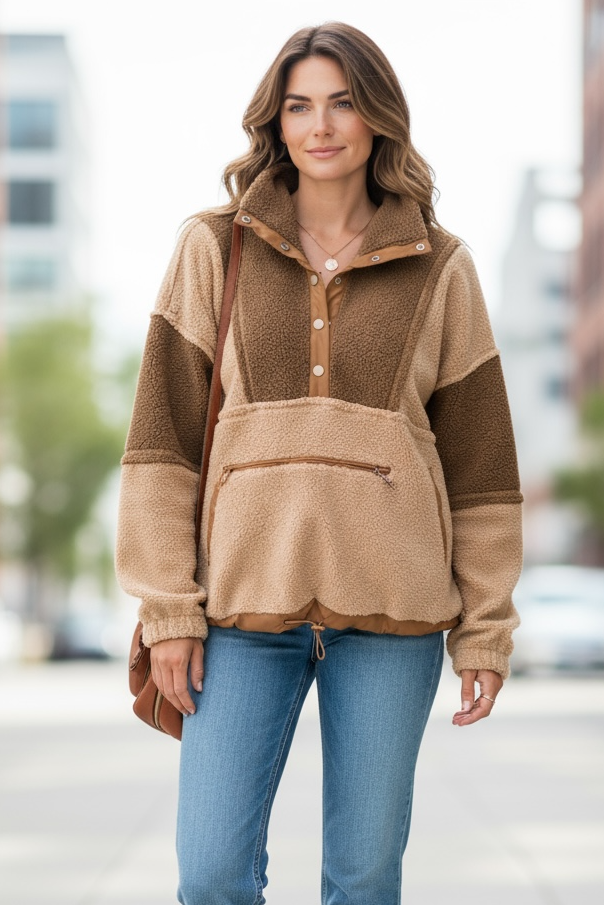 Colorblock Sherpa Patchwork Half Button Sweatshirt JUNIPER BLVD