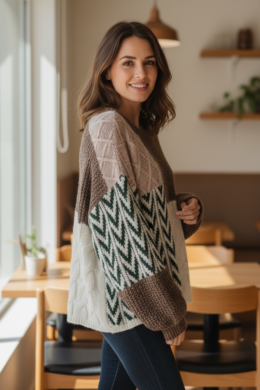 Colorblock Cable Knit Patchwork Tied Back Sweater Poet Street Boutique