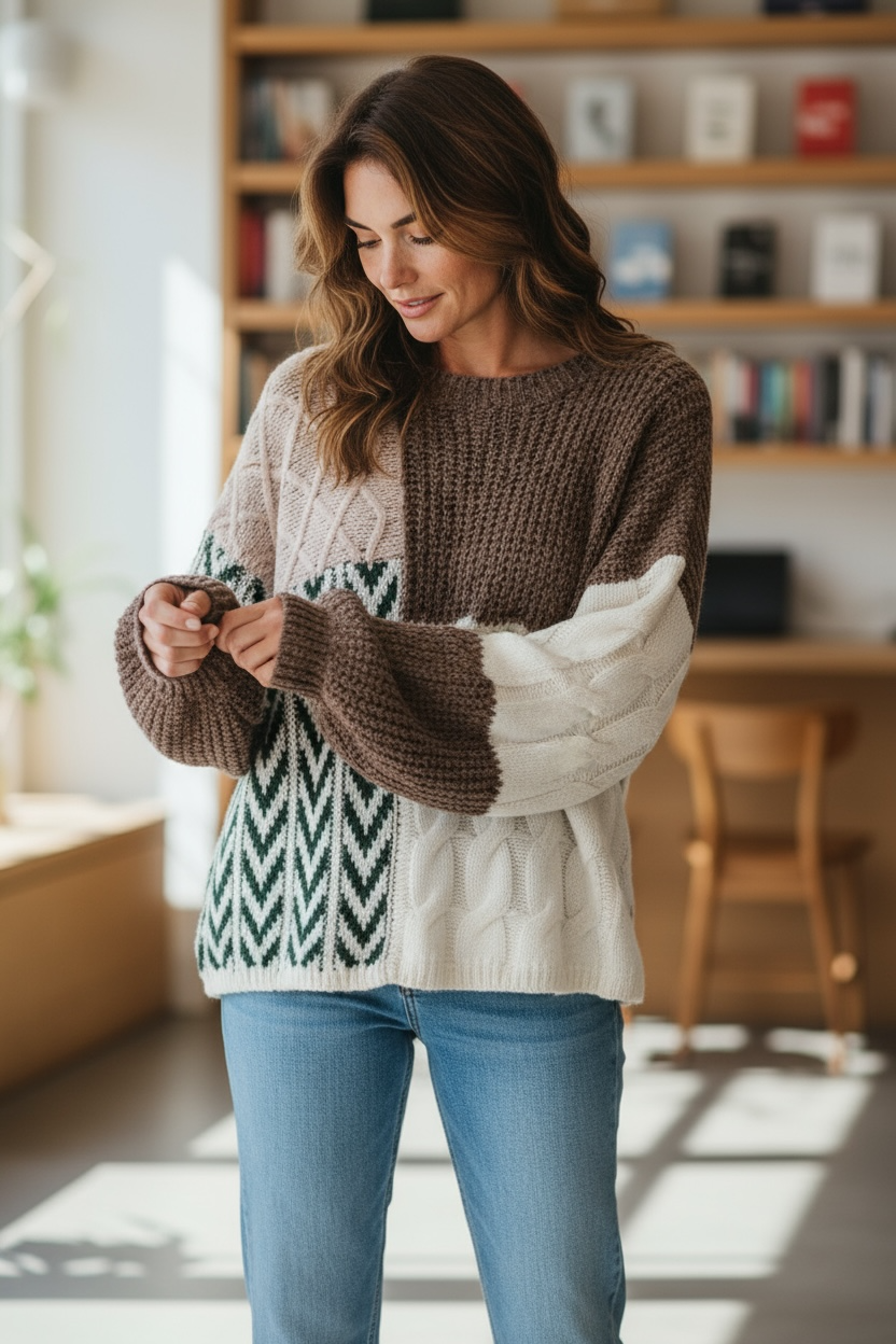 Colorblock Cable Knit Patchwork Tied Back Sweater Poet Street Boutique
