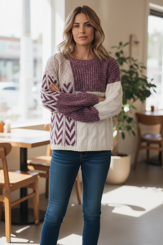 Colorblock Cable Knit Patchwork Tied Back Sweater Poet Street Boutique