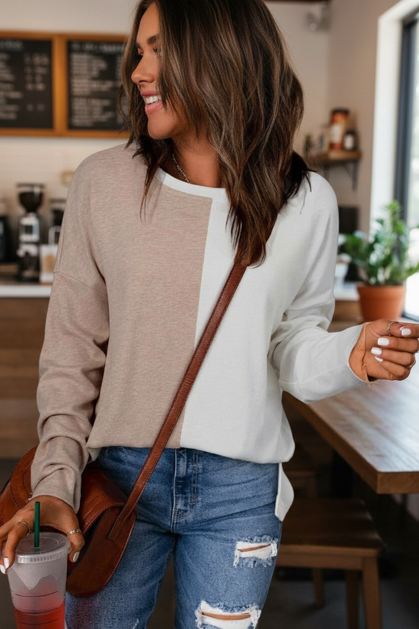 Colorblock Long Sleeve Crew Neck Top Poet Street Boutique