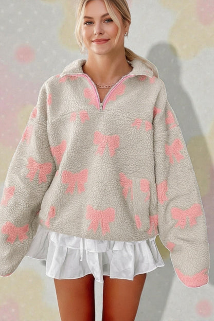 Bow Sherpa Quarter Zip Drop Shoulder Sweatshirt Poet Street Boutique