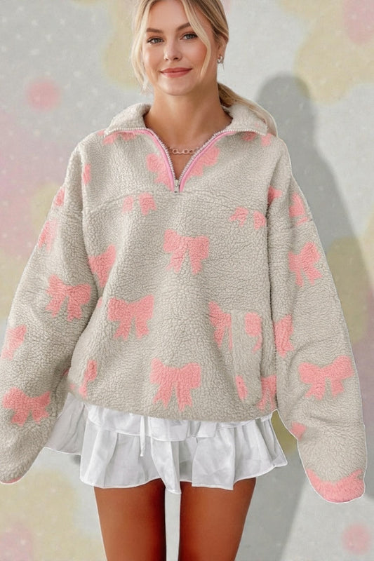 Bow Sherpa Quarter Zip Drop Shoulder Sweatshirt Poet Street Boutique
