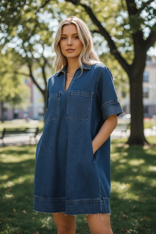 Short Sleeve Collared Pocket Denim Mini Dress SHEWIN INC.