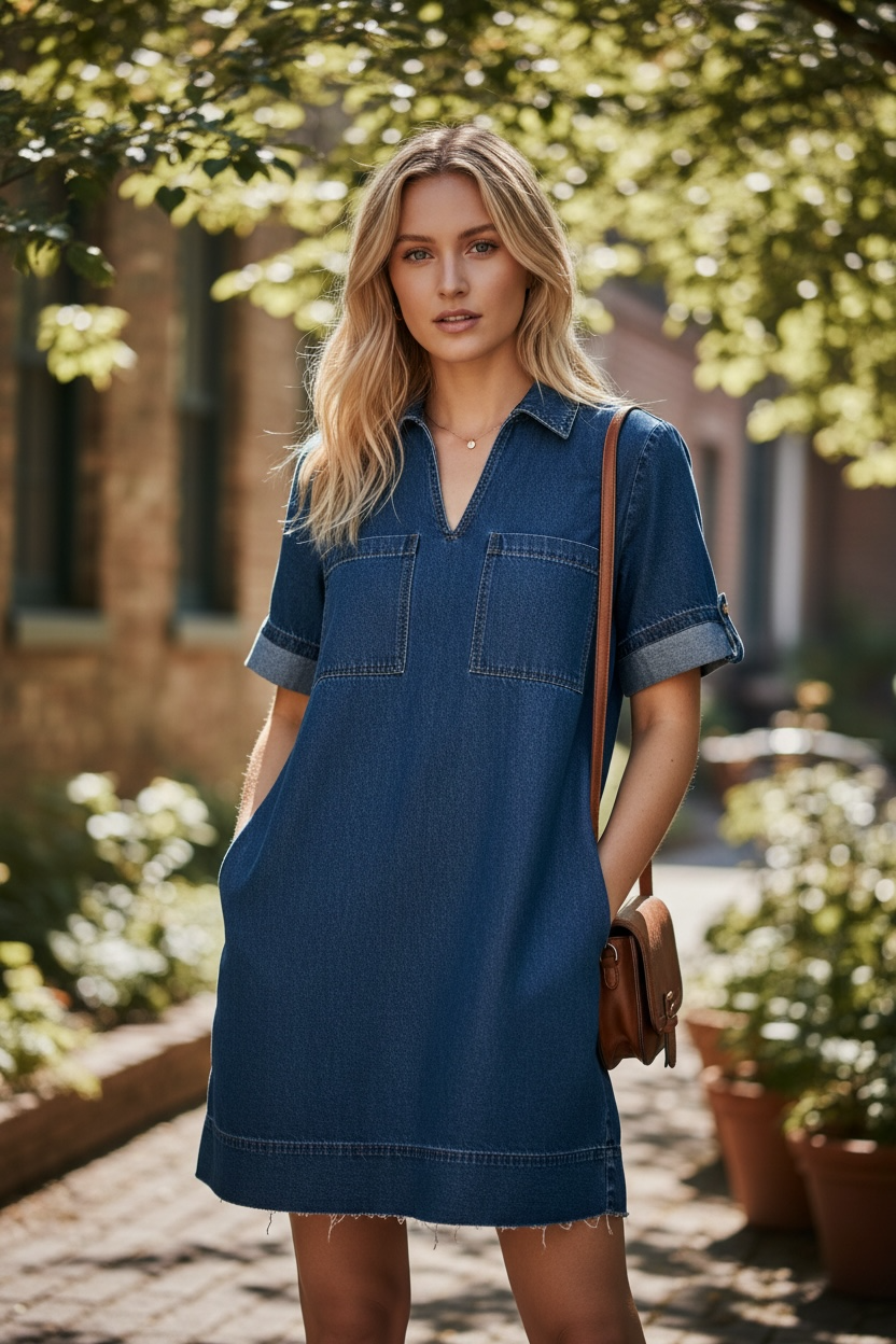 Short Sleeve Collared Pocket Denim Mini Dress SHEWIN INC.