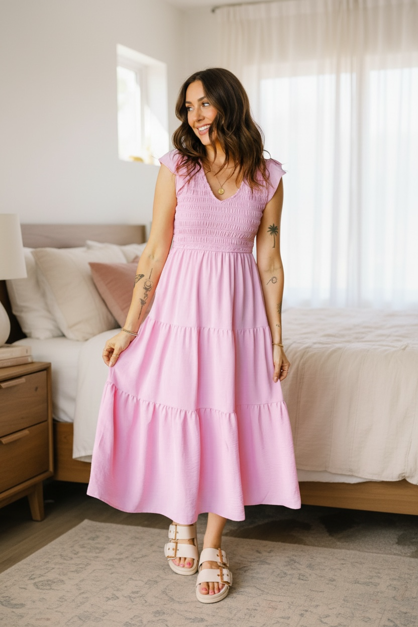 Smocked V-Neck Flutter Sleeve Tiered Midi Dress Poet Street Boutique