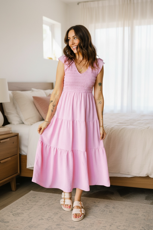 Smocked V-Neck Flutter Sleeve Tiered Midi Dress Poet Street Boutique