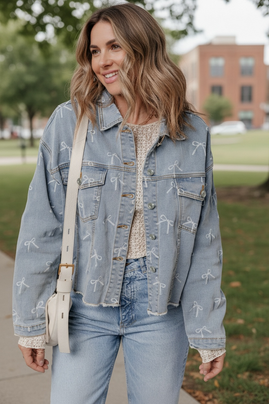Denim Bow Light Wash Raw Hem Jacket Poet Street Boutique