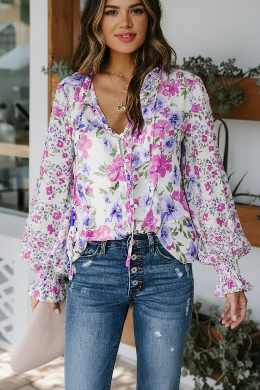 Boho Floral Smocked Puff Sleeve Blouse Poet Street Boutique