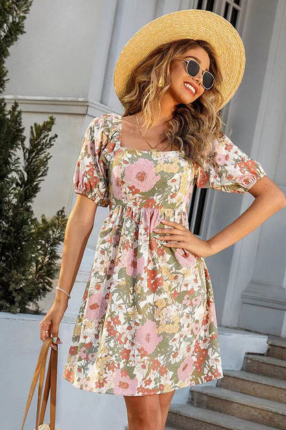 Miss Sparkling Floral Smocked Mini Dress with Front Tie
