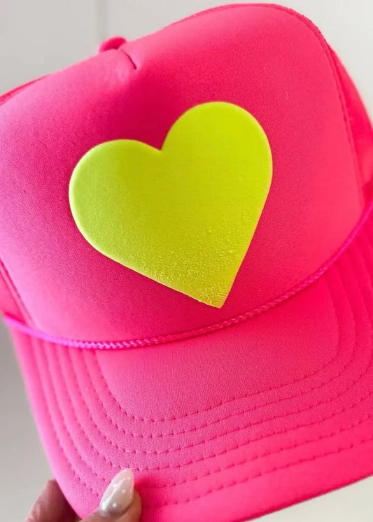 Neon Yellow Heart Puff on Hot Pink Hat Poet Street Boutique