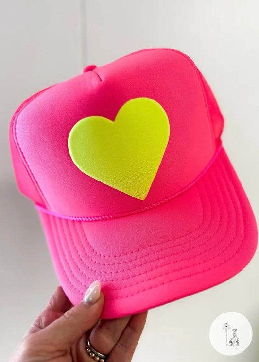 Neon Yellow Heart Puff on Hot Pink Hat Poet Street Boutique