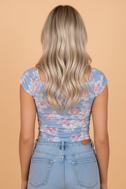 Floral Mesh Square Neck Cap Sleeve Ruched Top