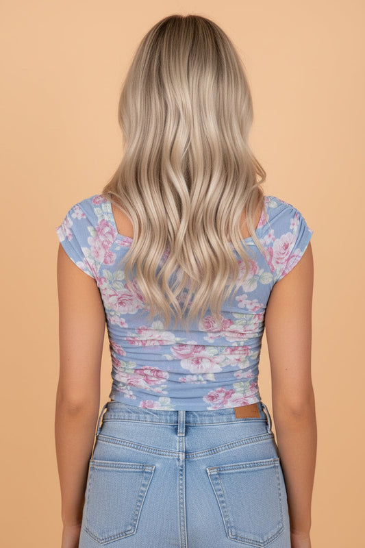 Floral Mesh Square Neck Cap Sleeve Ruched Top