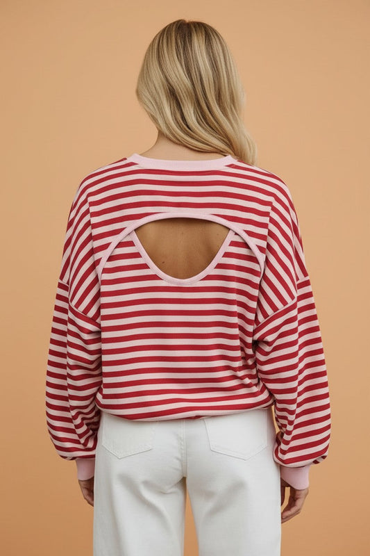 Stripe Cutout Open Back Long Sleeve Loose Top