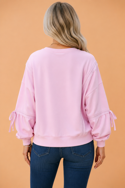 Solid Lace Trim Raw Seam Loose Sweatshirt