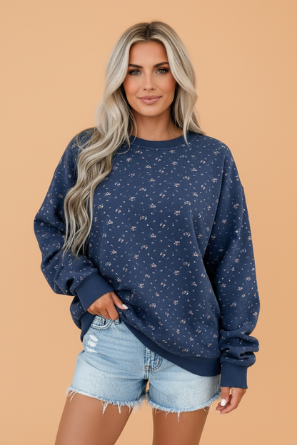 Floral Round Neck Drop Shoulder Oversize Sweatshirt