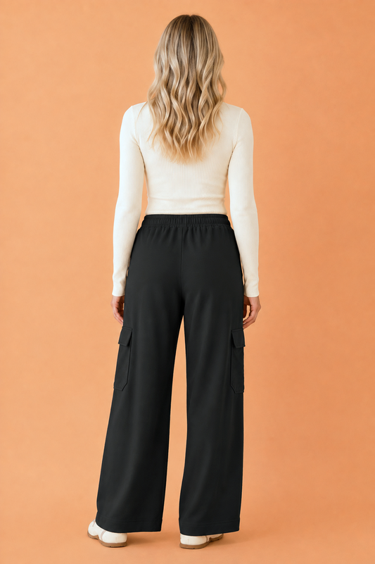 Solid Cargo Pocket Drawstring High Waist Pants