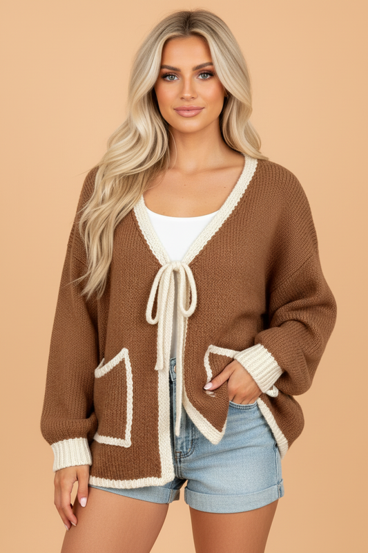 Contrast Trim Tie Front V-Neck Sweater Cardigan