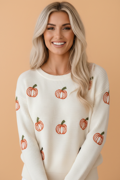 Pumpkin Embroidered Ribbed Sweater