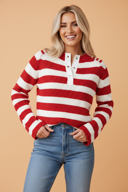 Red Stripe Grommet V-Neck Bell Sleeve Sweater