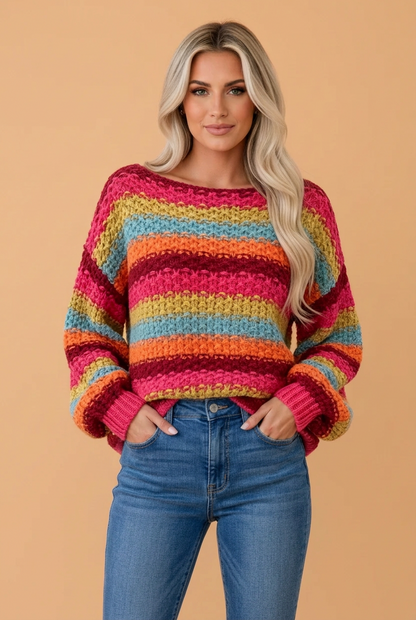 Stripe Crochet Knit Boat Neck Oversized Sweater