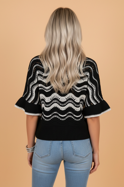 Wavy Stripe Ruffle 3/4 Sleeve Crochet Sweater