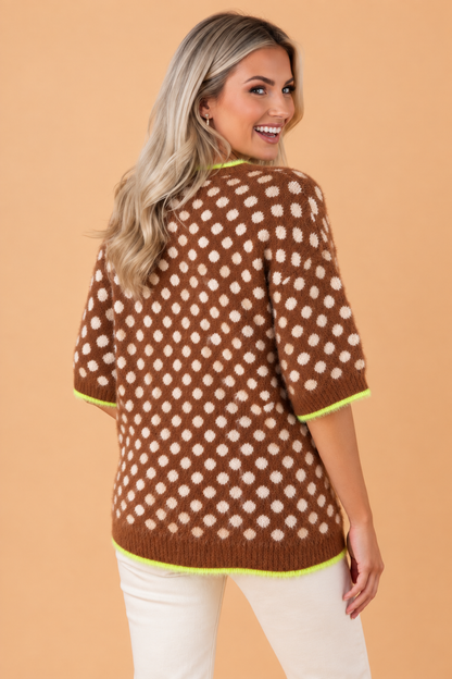 Chocolate Polka Dot 3/4 Sleeve Fuzzy Sweater