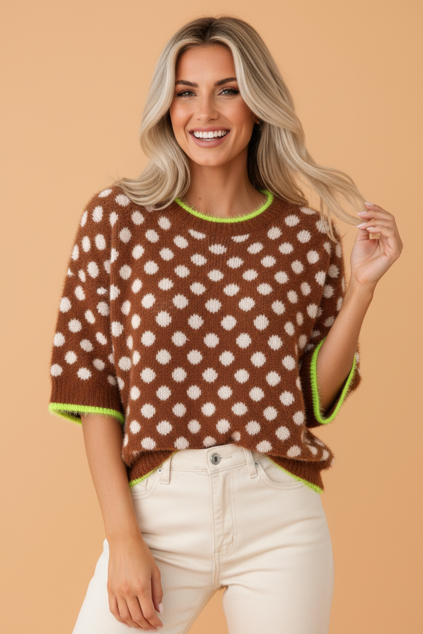 Chocolate Polka Dot 3/4 Sleeve Fuzzy Sweater