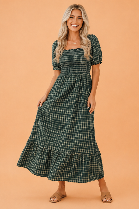 Plaid Shirred High Waist Square Neck Ruffle Hem Dress