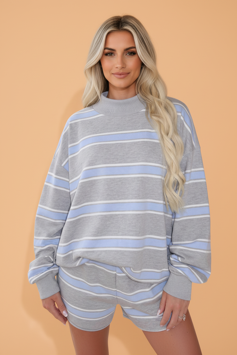 Stripe Mock Neck Long Sleeve Top & Shorts Set