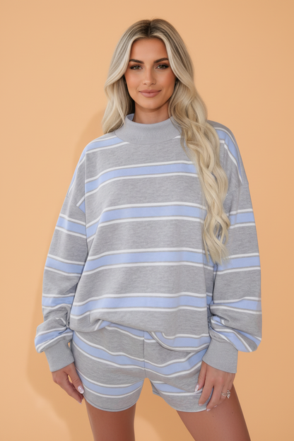 Stripe Mock Neck Long Sleeve Top & Shorts Set