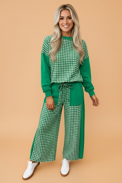 Gingham Patchwork Long Sleeve Top & Pant Set