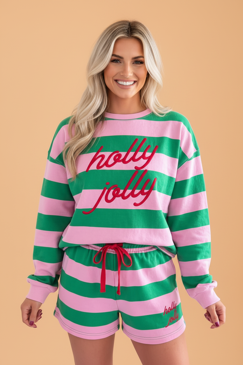 Christmas Holly Jolly Embroidered Stripe Top & Shorts Set