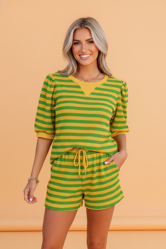 Stripe Puff Sleeve T-Shirt & Drawstring Shorts Set