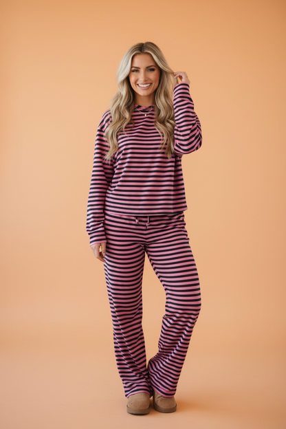 Cotton Stripe Long Sleeve Top and Drawstring Pants Set