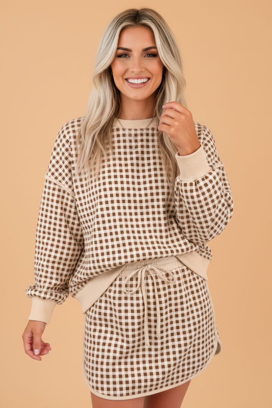 Brown  Gingham Oversized Top & Skort Set